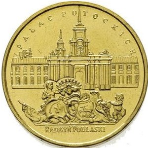 Rewers monety 2-złotowej poświęconej tematowi:  "Pałac Potockich w Radzyniu Podlaskim"